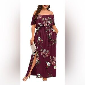 Burgundy and White Off the Shoulder Maxi Dress with Slit